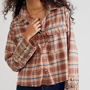 We The Free People Austin Plaid Embellished Studded Flannel Shirt Shacket